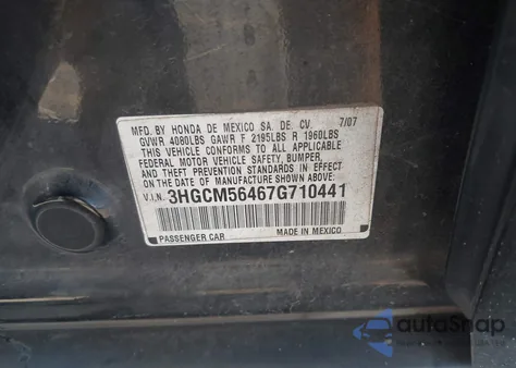2007 Honda Accord 2.4 Lx z USA, uszkodzony, nr VIN 3HGCM56467G710441